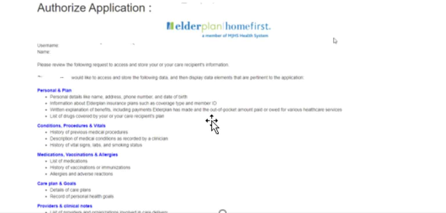 1upHealth.com autorize application screen with details about using the app